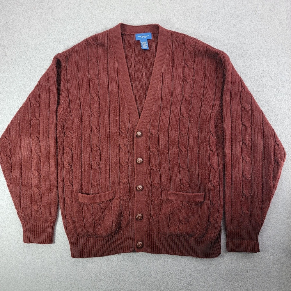 Vintage Towncraft Sweater Mens XL Brown V-Neck Cable Knit Cardigan Hong Kong